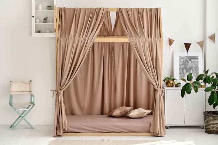 Neutral taupe bed canopy in nursery Taupe Linen Canopy Bed Curtains | Organic Linen Curtains for Montessori House Bed or Toddler Bed | Neutral Nursery Room Decor hellolittlefox taupe-linen-canopy-bed-curtains-aesthetic-room-decor hellolittlefox.myshopify.com