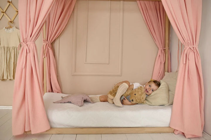 Handmade cotton canopy in light pink Pale Pink Muslin Bed Curtains – Organic Cotton Canopy for House Bed or Crib | Soft Nursery Drapes hellolittlefox pale-pink-muslin-curtains-for-bed-house hellolittlefox.myshopify.com