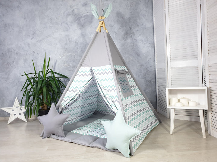 Gray teepee tent for kids, a fun and stylish indoor playhouse