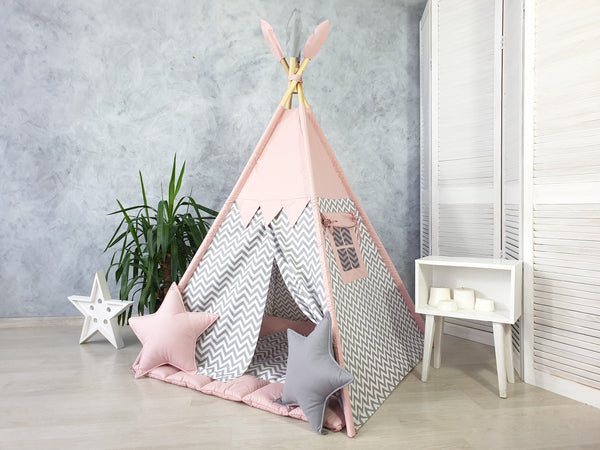 Personalized Toddler Teepee Tent, Kids Playhouse, Indoor Play Tent, Neutral or Pink & Gray Teepee for Girls, Custom Playzone for Children