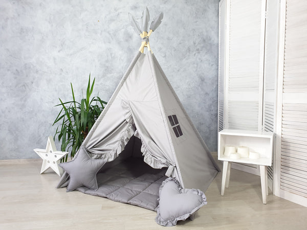 Kids playhouse with neutral colors tipi design, perfect for imaginative play and holiday gifts.