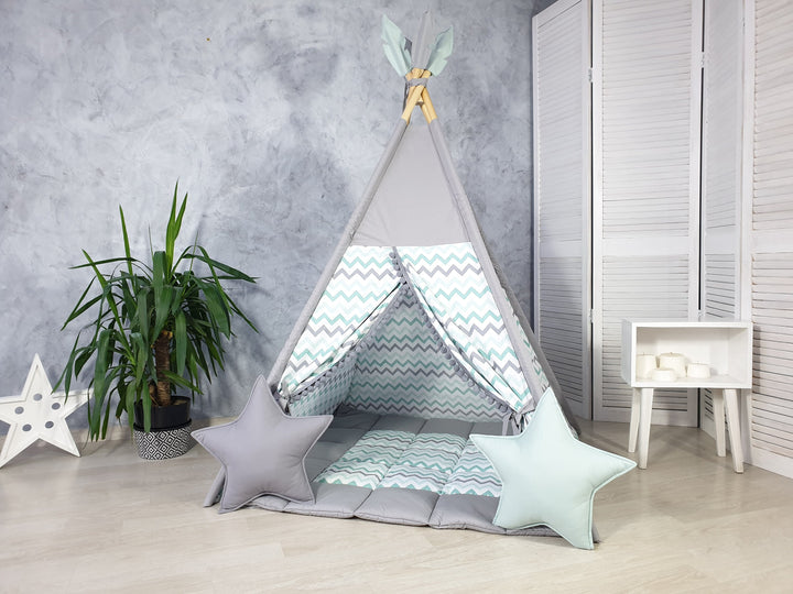 Wigwam kids tent in neutral gray, perfect for indoor play and decor