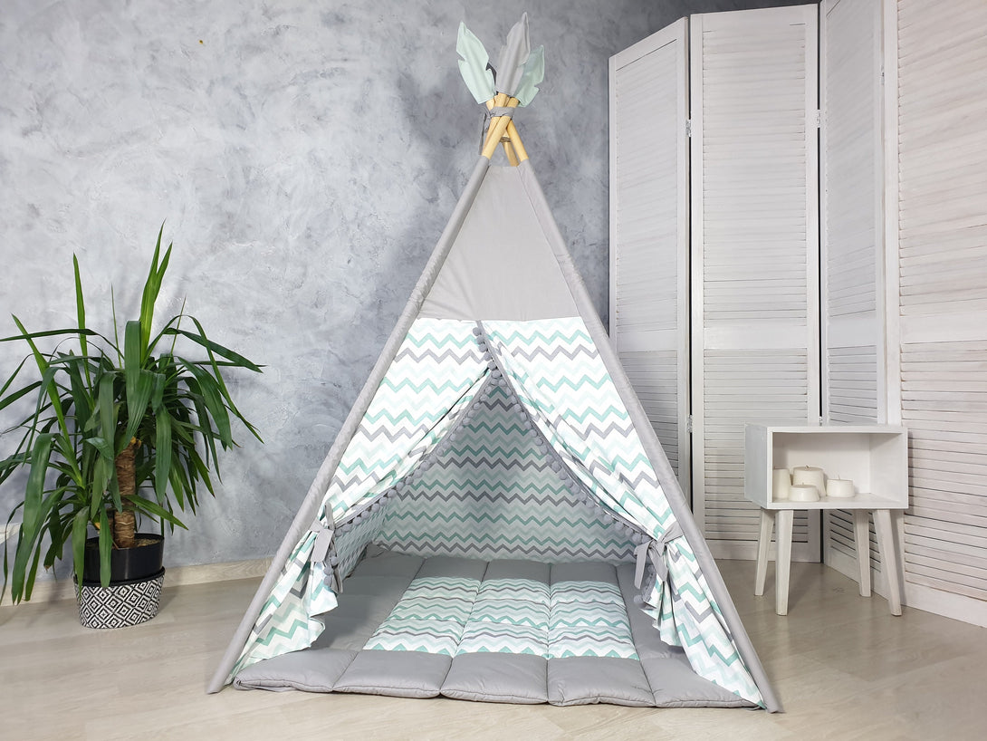 Kids teepee tent in gray, perfect playhouse for indoor fun