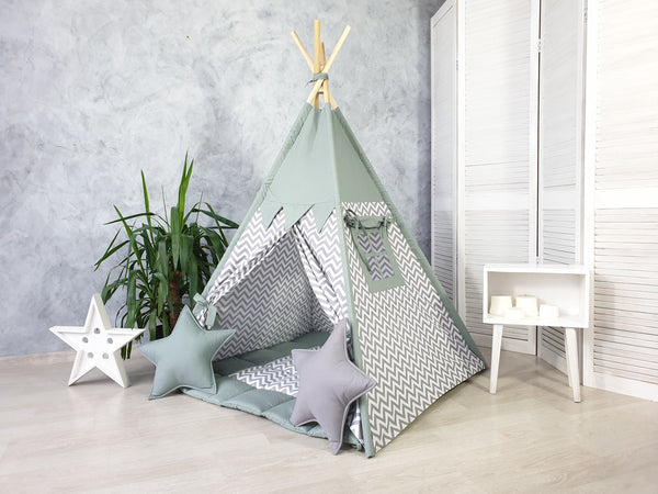 Kids tent Teepee tent for kids , playhouse for kids , indoor playzone , neutral teepee print ,  dusty green and gray teepee tent for kids