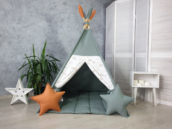 Dusty green color and rainbow print teepee with mat and stars made with cotton fabric and wooden sticks.Fluffy mat and feathers are included. Wooden sticks and fixing kit are included.