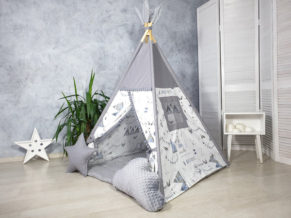 Gray Teepee Tent for Kids | Neutral Print Wigwam Playhouse | Indoor Tipi Play Zone for Boys & Girls