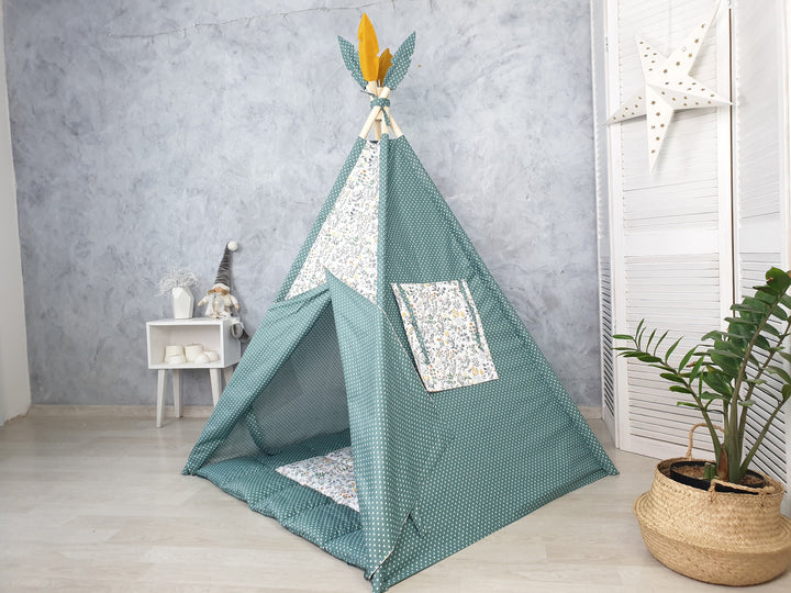 Indoor playzone with green floral teepee, kids playhouse wigwam