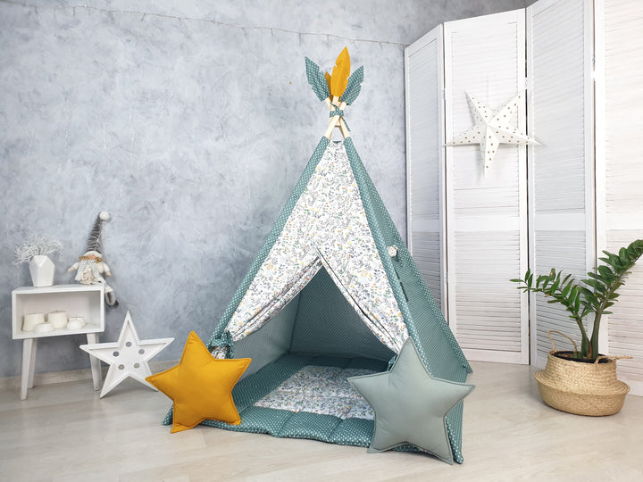 Green floral teepee tent for kids, perfect playhouse for indoor play