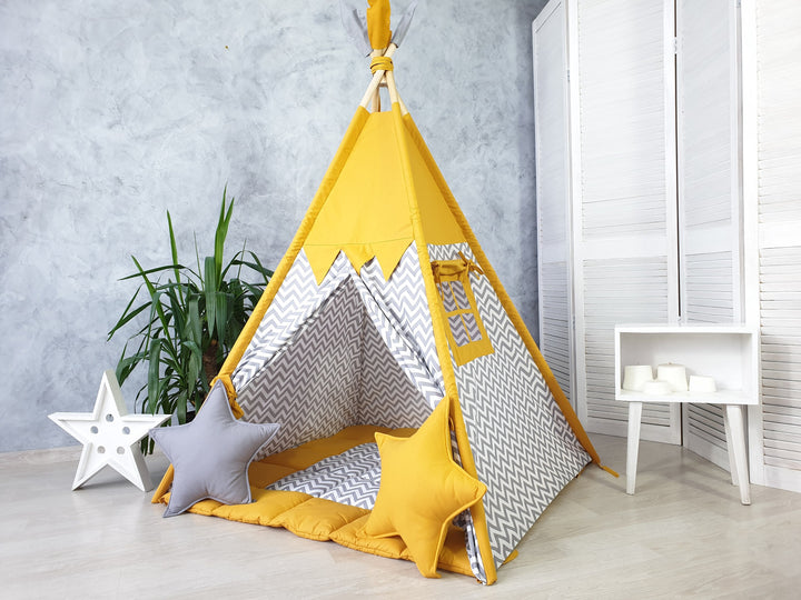 Teepee tent for kids with neutral print, mustard color indoor playhouse