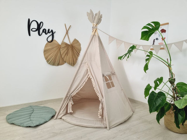 Kids indoor playzone with beige teepee tent, ideal toddler birthday gift