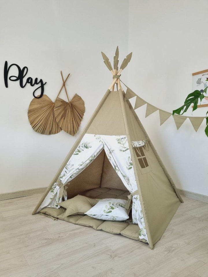 Neutral olive green teepee tent for kids, ideal wigwam for indoor play