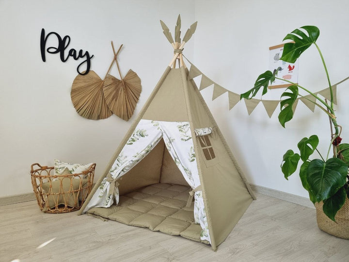 Kids playhouse with neutral teepee print, olive green teepee tent for indoor play