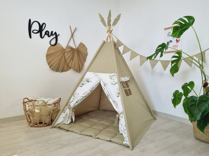 Olive green teepee tent for kids, perfect neutral playhouse and wigwam