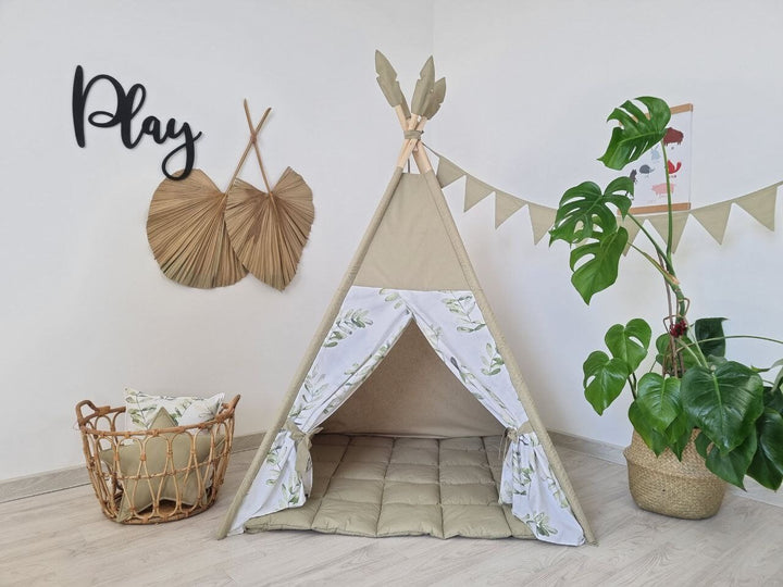 Olive green kids teepee playhouse, perfect neutral decor for indoor fun