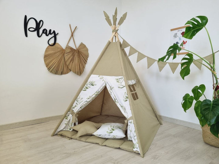 Teepee tent for kids in olive green, perfect for a playhouse or indoor playzone