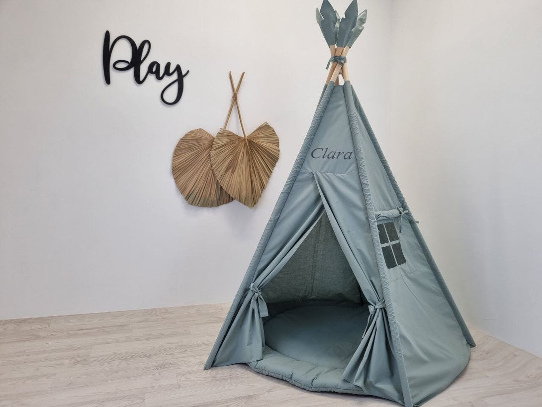 Kids teepee tent in neutral colors, stylish home decor for playroom