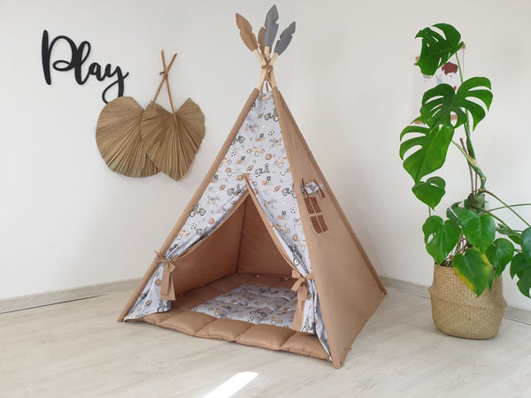 Neutral colors tipi for kids in soft beige and gray, perfect for playrooms and nurseries.