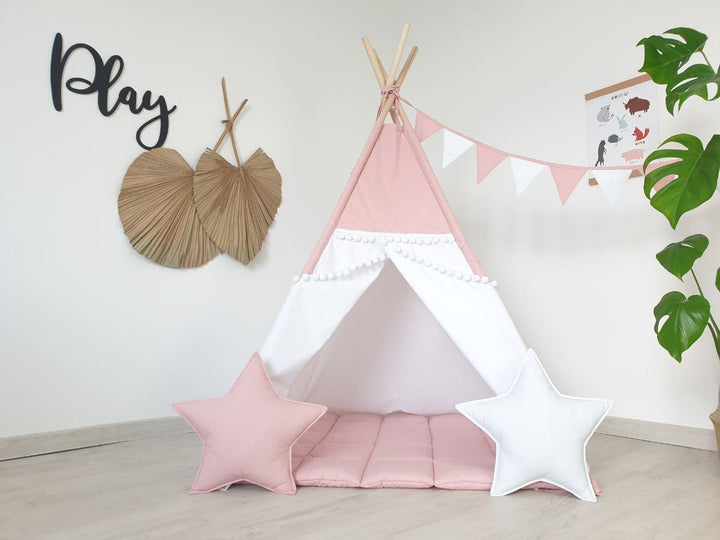 Kids playhouse with light pink teepee tent, ideal girly indoor play zone