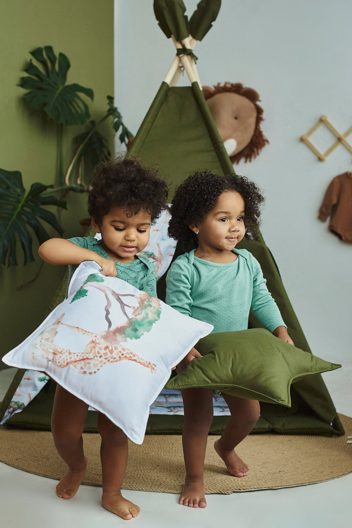 Safari print teepee for kids, cozy indoor playzone with green teepee