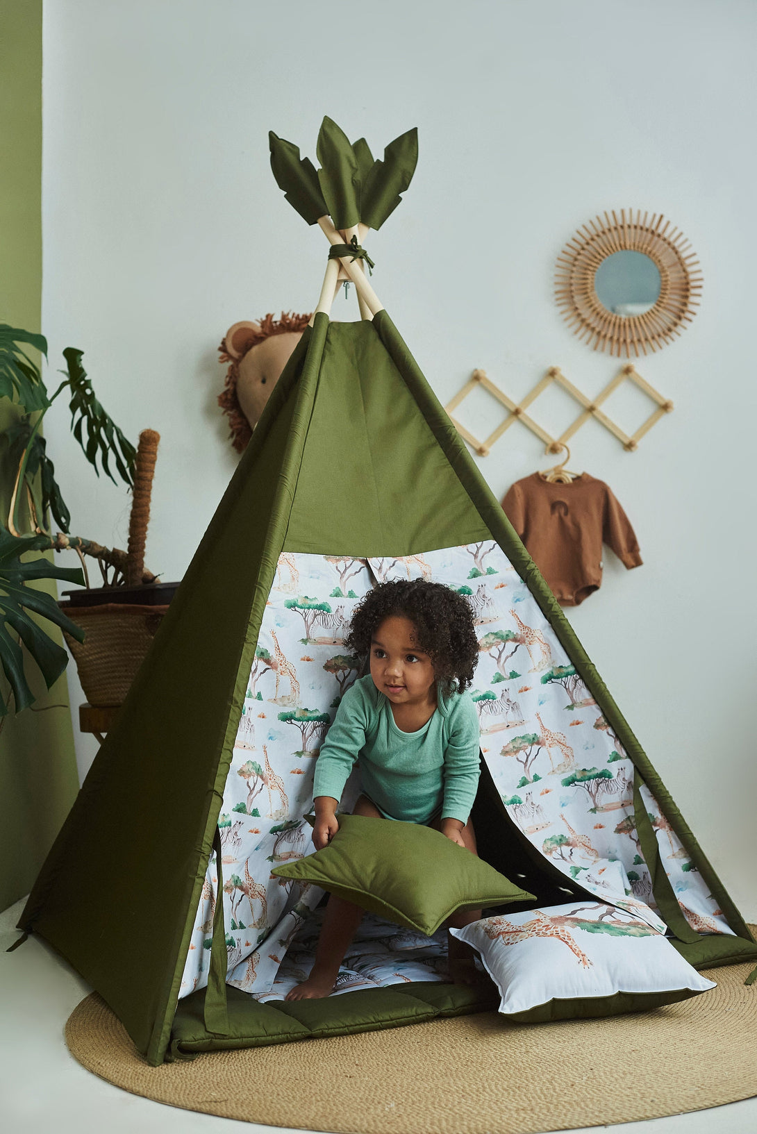 Green neutral teepee for kids, safari print playhouse for indoor fun