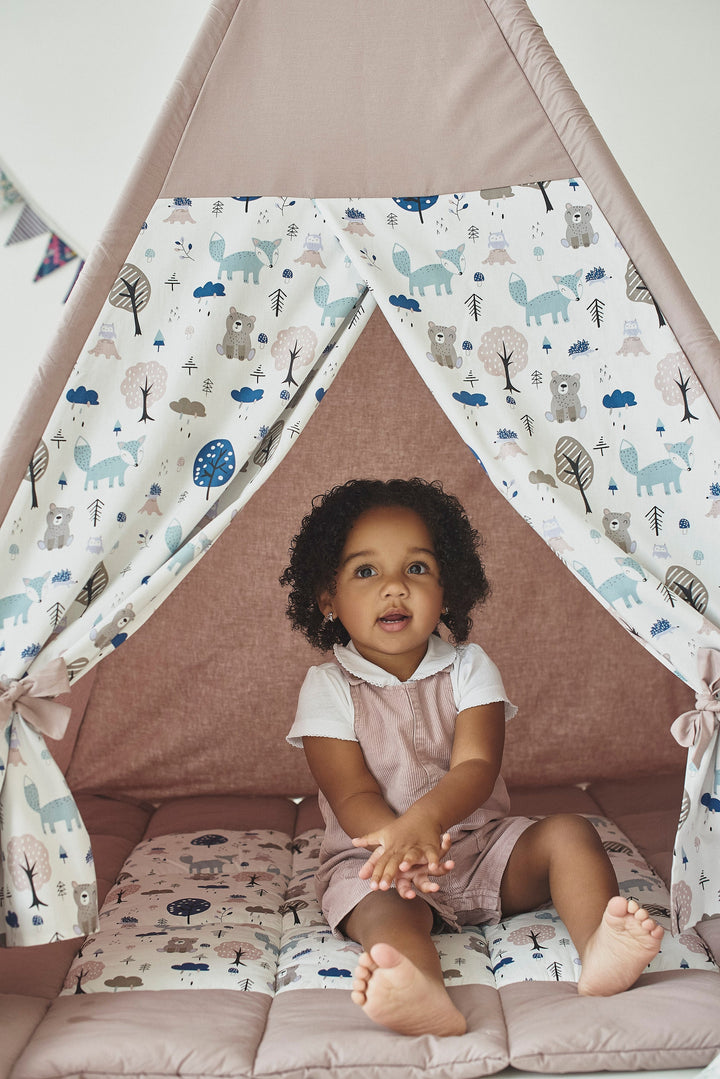 Woodland print teepee tent for kids, neutral colors for indoor play and birthday gift