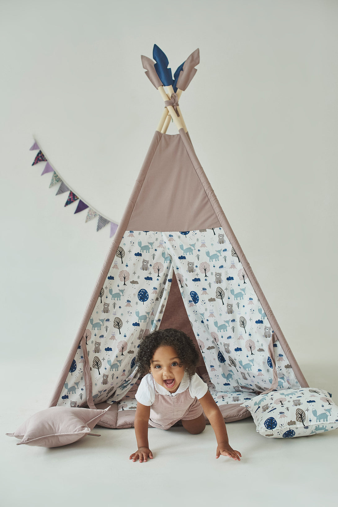 Dusty brown woodland print teepee for kids, perfect birthday gift and playhouse