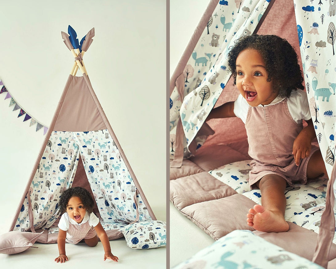 Teepee tent for kids in dusty brown, woodland print, ideal playhouse for birthday gift