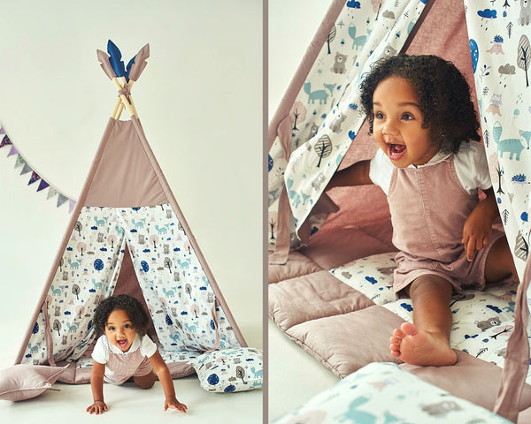 Teepee tent for kids , playhouse for kids , kids playhouse , indoor playzone , neutral teepee print ,  dusty brown color , woodland print