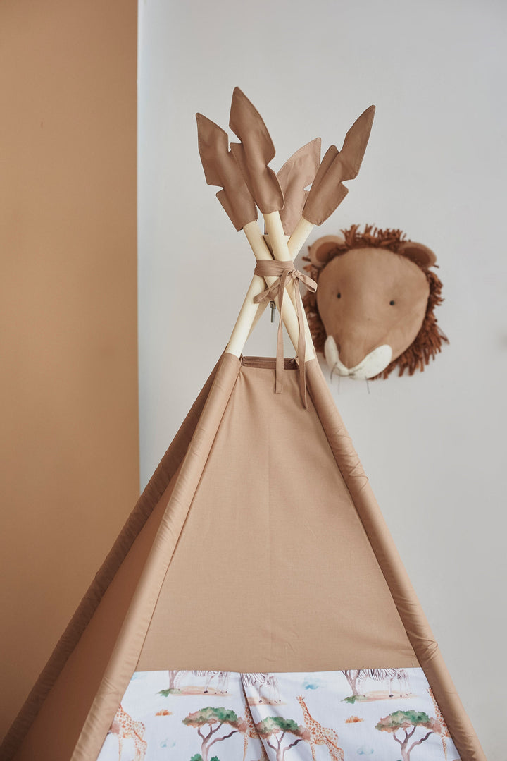 Indoor playhouse for kids, brown safari print teepee with neutral colors