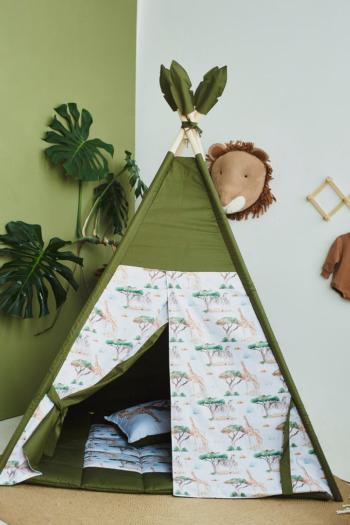 Kids playhouse teepee in green with safari print, cozy indoor tent