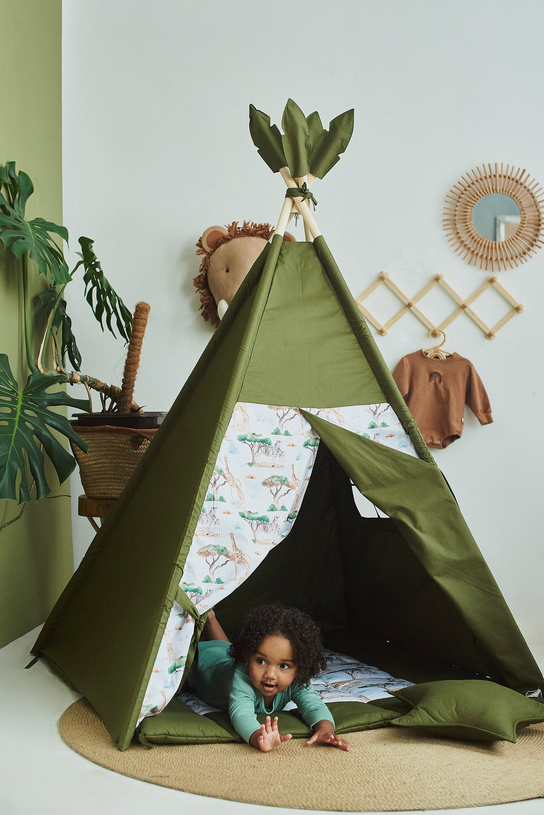 Green kids teepee with neutral print, ideal playhouse for toddlers