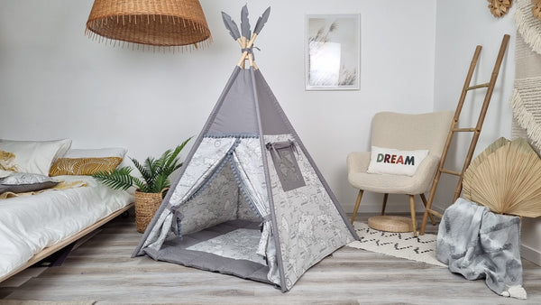 Teepee for kids , playhouse for kids , teepee tent , kids playhouse , indoor playzone , neutral teepee print ,gray teepee print for kids