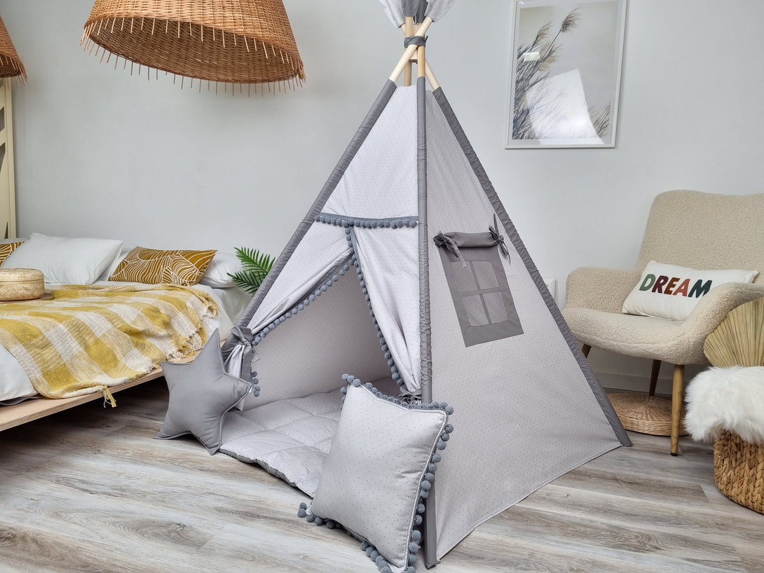 Gray teepee tent for kids, perfect playhouse in neutral colors