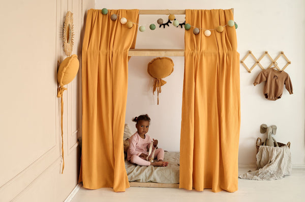 Organic Mustard Muslin Canopy: A cozy sanctuary for your toddler&#39;s bed, crafted with breathable comfort.