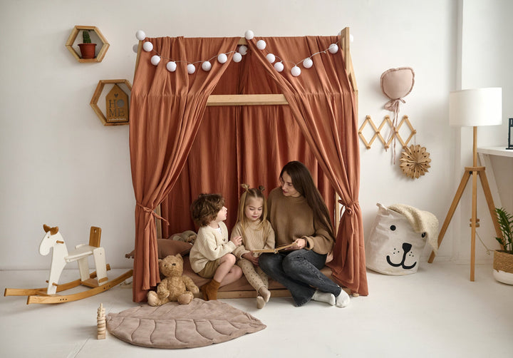 Boho-inspired canopy bed curtains with secure ties for easy fixation – Montessori bed canopy.