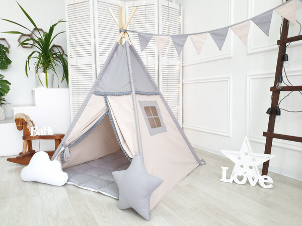 Kids teepee tent , Neutral Teepee Tent with Mat , Kids Teepee , Boho Tent for kids ,  Portable Kids Playhouse , Tent Special Gift for Kids