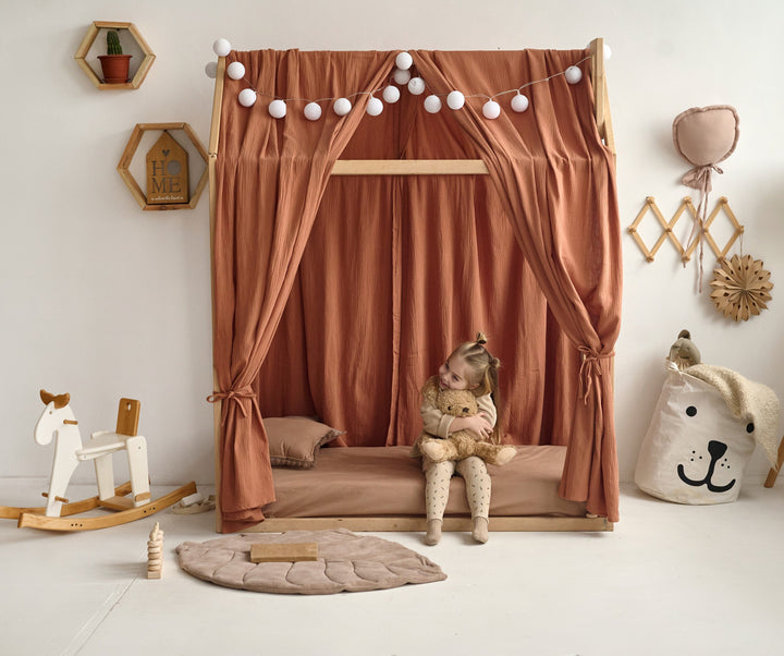 Mustard Muslin Canopy Set: Elevate bedtime with ties, optional balloons, and customizable options.