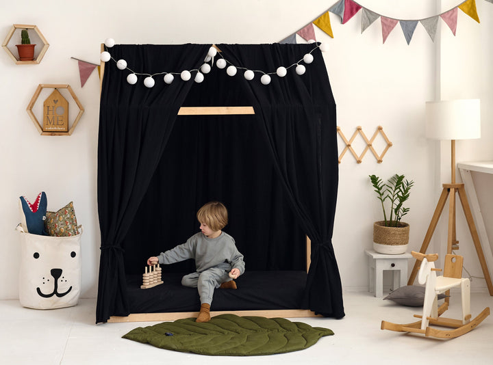 Customizable Muslin Canopy: Tailor-made for your needs, featuring secure ties for stability, effortless maintenance with machine washable fabric, and the option to add whimsy with wall hanging balloons.