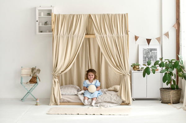 Beige linen canopy curtains hanging on a Montessori toddler house bed Beige Linen Canopy Curtains for Montessori House Bed | Organic Toddler Bed Canopy for Kids Room Decor hellolittlefox canopy-bed-curtains-aesthetic-room-decor-linen-bed-curtains-nursery-linen-bed-curtains-montessori-house-bed-canopy-toddler-bedding hellolittlefox.myshopify.com