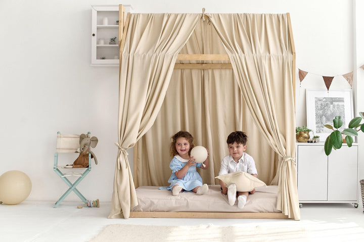 Neutral-toned nursery with flowing linen baldachin for twin bed Beige Linen Canopy Curtains for Montessori House Bed | Organic Toddler Bed Canopy for Kids Room Decor hellolittlefox canopy-bed-curtains-aesthetic-room-decor-linen-bed-curtains-nursery-linen-bed-curtains-montessori-house-bed-canopy-toddler-bedding hellolittlefox.myshopify.com