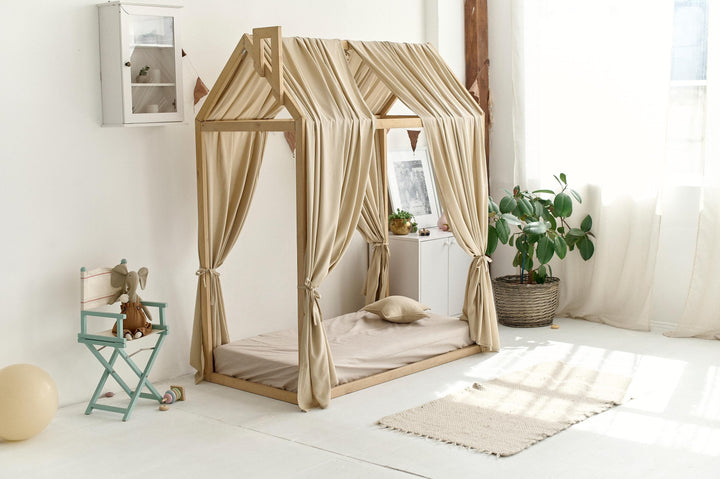 Lightweight linen canopy curtains styled as playhouse bed drapes Beige Linen Canopy Curtains for Montessori House Bed | Organic Toddler Bed Canopy for Kids Room Decor hellolittlefox canopy-bed-curtains-aesthetic-room-decor-linen-bed-curtains-nursery-linen-bed-curtains-montessori-house-bed-canopy-toddler-bedding hellolittlefox.myshopify.com
