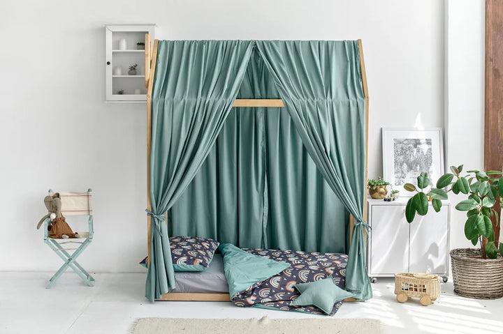 Linen canopy with tie details Sage Green Linen Canopy Bed Curtains | Organic Linen Curtains for Montessori House Bed or Toddler Bed | Soft Nursery Decor hellolittlefox sage-green-linen-canopy-bed-curtains-aesthetic-room-decor hellolittlefox.myshopify.com