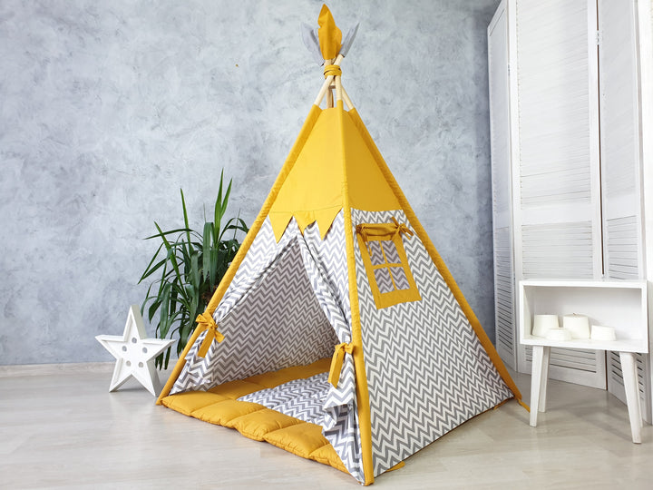Mustard color toddler teepee tent, perfect playhouse for kids Mustard & Gray Chevron Toddler Teepee – Stylish Neutral Play Tent for Boys & Girls | Cozy Indoor Playhouse hellolittlefox toddler-teepee-tent-for-kids-mustard-color-playhouse-neutral-teepee-print-indoor-playzone-for-boys-girls hellolittlefox.myshopify.com