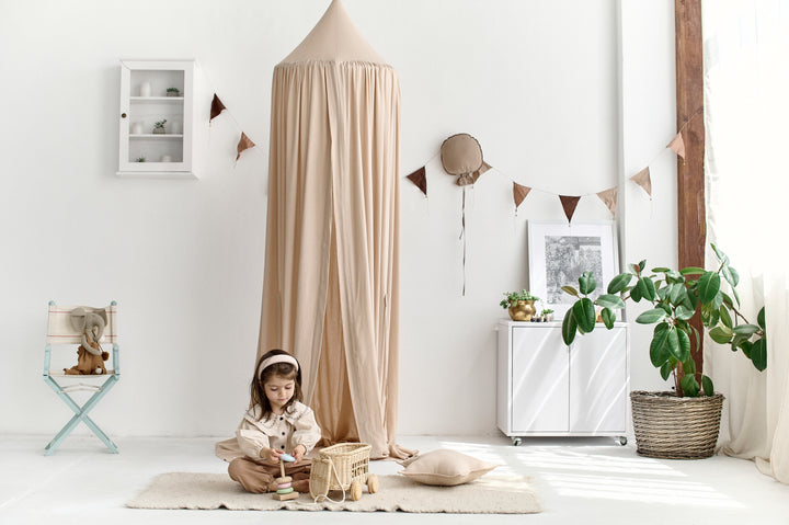 Nursery corner decorated with pale pink canopy Pale Pink Linen Canopy | Baby Crib Canopy | Hanging Nursery Canopy | Soft Linen Bed Drape for Girls hellolittlefox light-pink-linen-canopy-baby-crib-canopy-hanging-from-roof-canopy-crib-canopy-canopy-for-crib hellolittlefox.myshopify.com