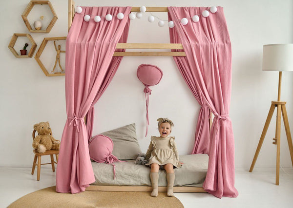 Pink muslin curtains for bed, house