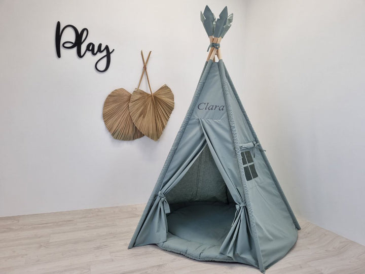Cotton teepee tent with window Sage Green 5-Pole Teepee Tent for Kids | Neutral Tipi Zelt Kinder with Circle Mat | Montessori Play Tent for Boys & Girls | Indoor Wigwam Gift hellolittlefox sage-green-kids-play-teepee-tent-indoor-playhouse-playzone-with-stylish-teepee-print hellolittlefox.myshopify.com