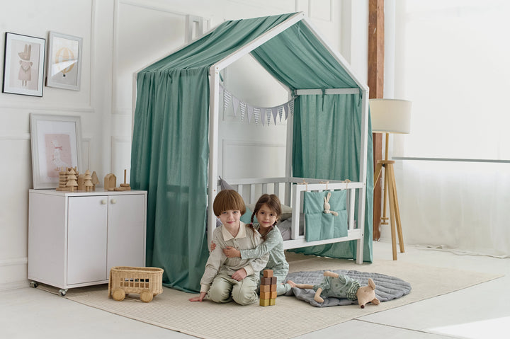 Sage green linen canopy curtains for Montessori bed Sage Green Linen Canopy Curtains for Montessori or House Bed | Soft & Breathable Nursery Drapes hellolittlefox sage-green-new-linen-house-bed-cover hellolittlefox.myshopify.com