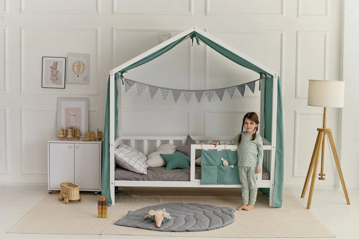 Sage green nursery drapes on wooden toddler bed Sage Green Linen Canopy Curtains for Montessori or House Bed | Soft & Breathable Nursery Drapes hellolittlefox sage-green-new-linen-house-bed-cover hellolittlefox.myshopify.com