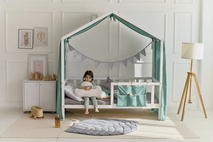 Montessori bed with sage green linen canopy Sage Green Linen Canopy Curtains for Montessori or House Bed | Soft & Breathable Nursery Drapes hellolittlefox sage-green-new-linen-house-bed-cover hellolittlefox.myshopify.com