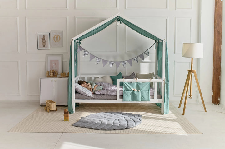 Soft sage linen canopy tied at corners Sage Green Linen Canopy Curtains for Montessori or House Bed | Soft & Breathable Nursery Drapes hellolittlefox sage-green-new-linen-house-bed-cover hellolittlefox.myshopify.com